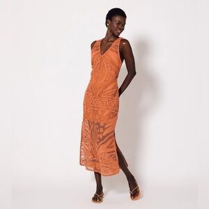 Cleobella Shelby Crochet Midi Dress XL Coral Orange Sheer Boho No Lining